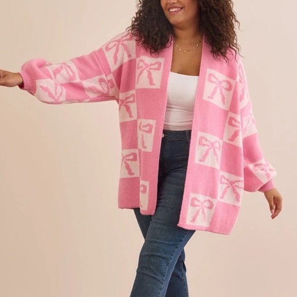 Altar'd State Sweaters - SOLD - Altar’d State Coquette Pink Checkered Bow Cardigan